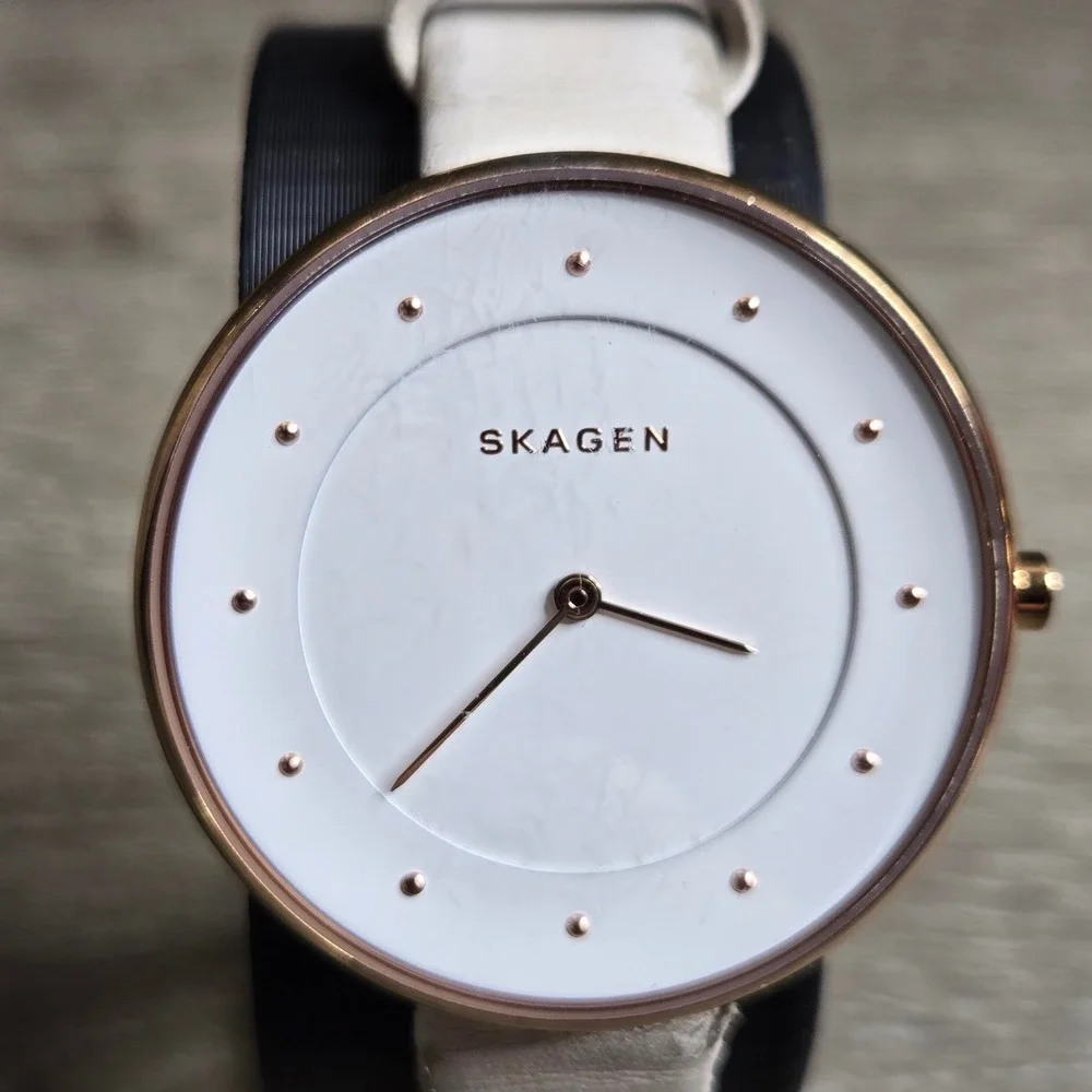 Skagen Gitte SKW2291 Rose Gold Tone White Dial Leather Band Women's Watch Tested